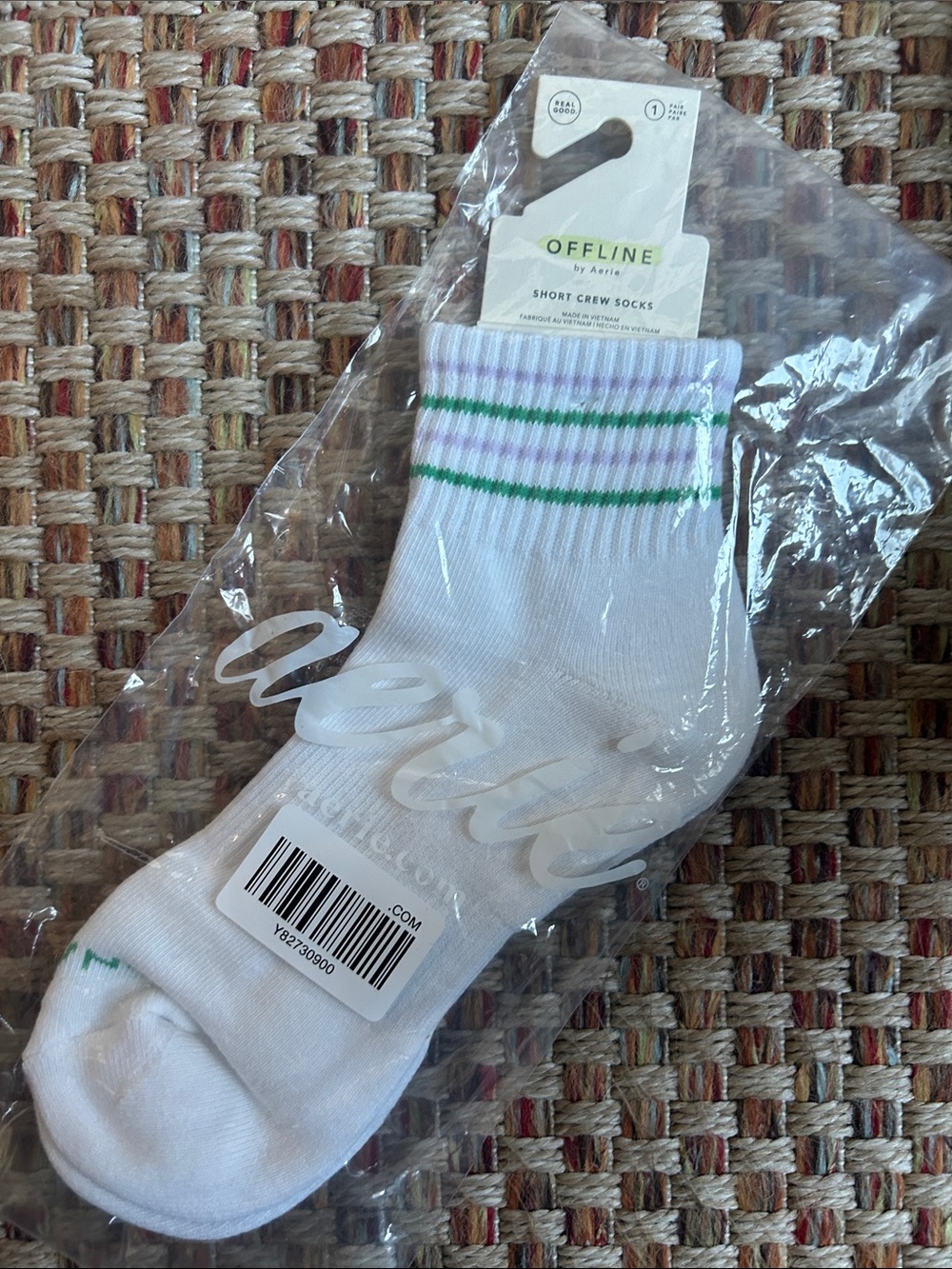 aerie White Crew Socks with Green & Purple Stripes